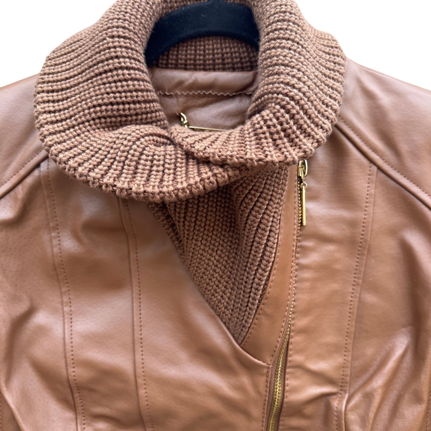 IMAN Womens Cognac Brown Genuine Leather Moto Jacket Knit Collar Gold Zip XS
