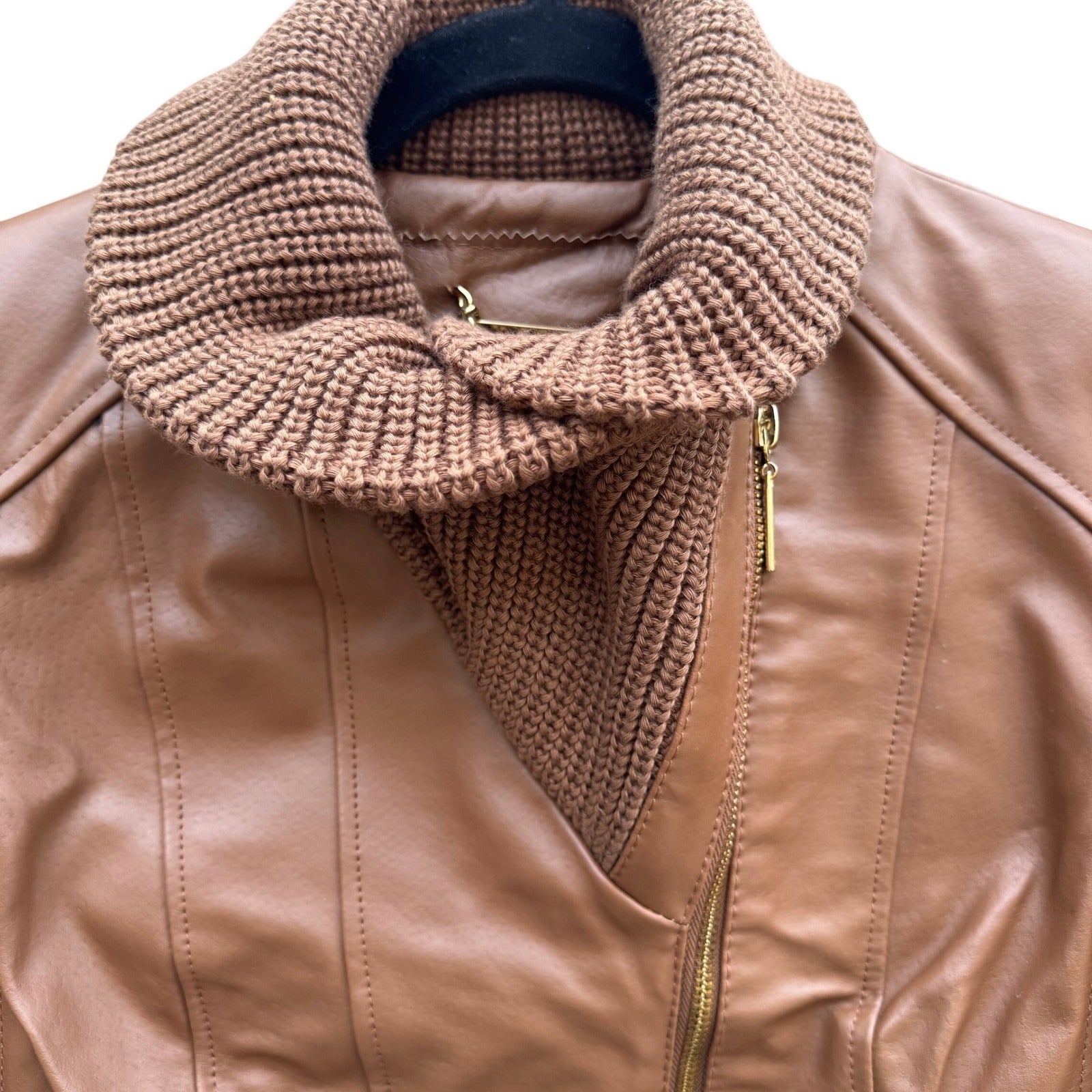 IMAN Womens Cognac Brown Genuine Leather Moto Jacket Knit Collar Gold Zip XS