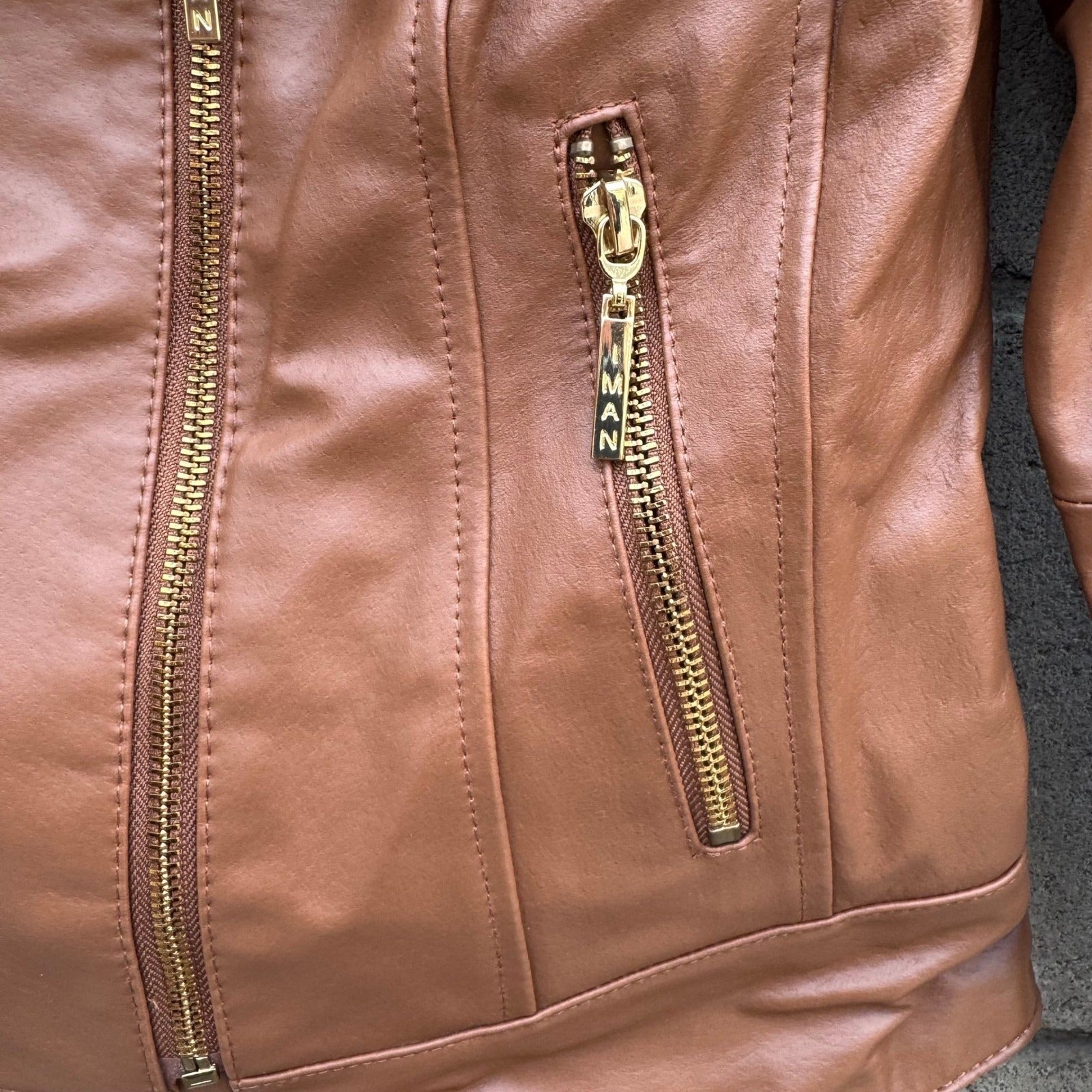 IMAN Womens Cognac Brown Genuine Leather Moto Jacket Knit Collar Gold Zip XS