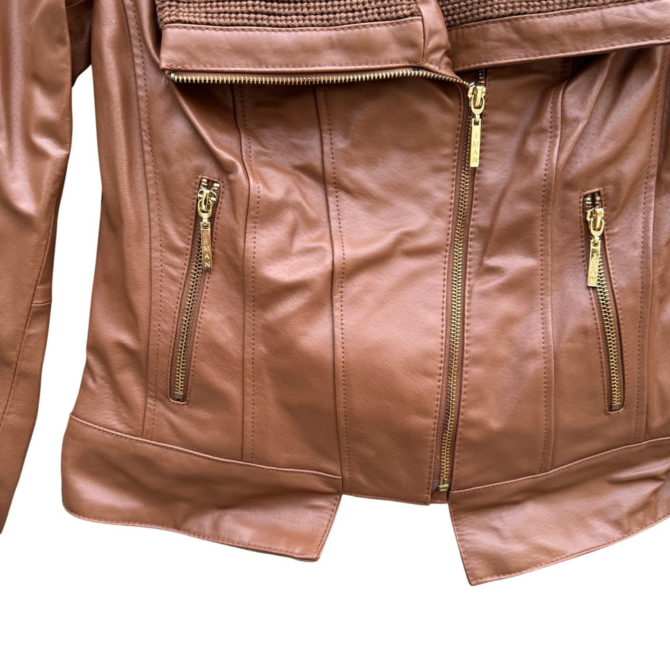 IMAN Womens Cognac Brown Genuine Leather Moto Jacket Knit Collar Gold Zip XS