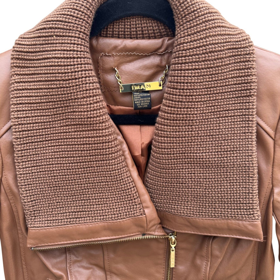 IMAN Womens Cognac Brown Genuine Leather Moto Jacket Knit Collar Gold Zip XS