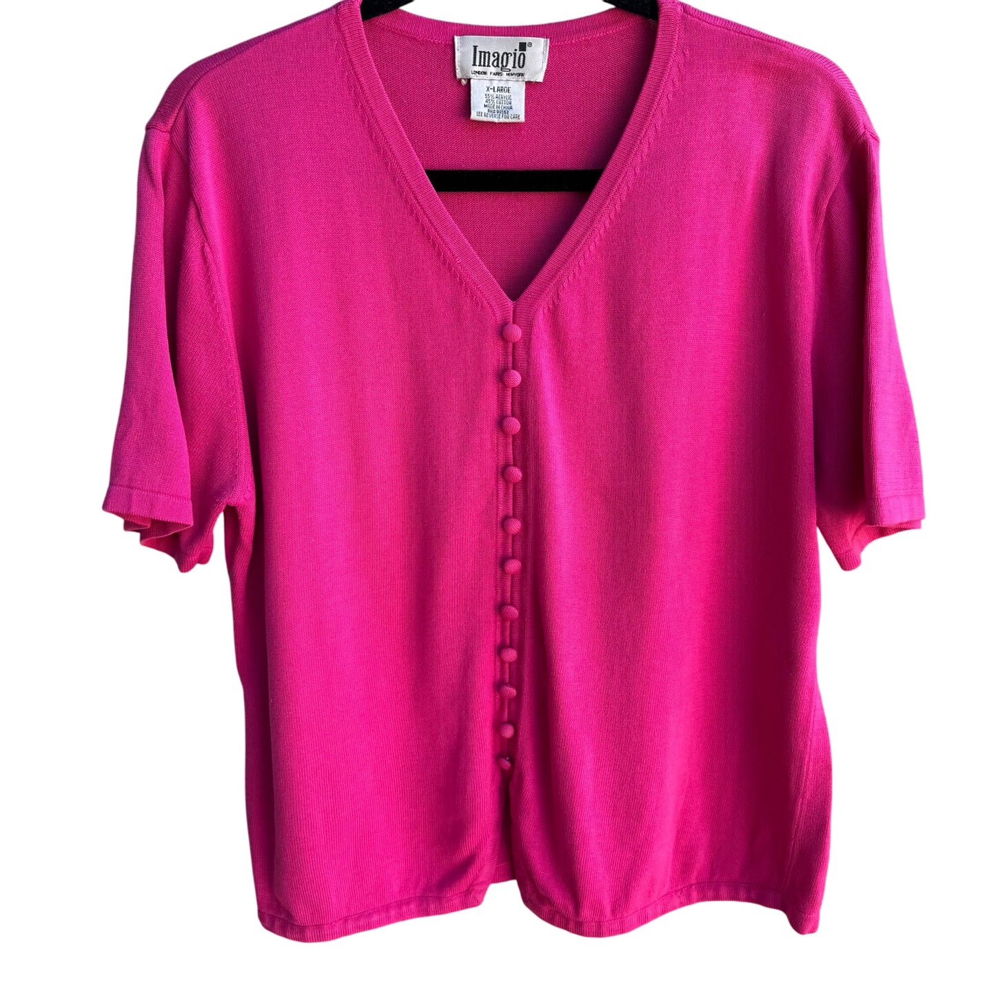 Imagio Vintage Womens Pink Button Tight Knit Short Sleeve Cardigan Sweater XL