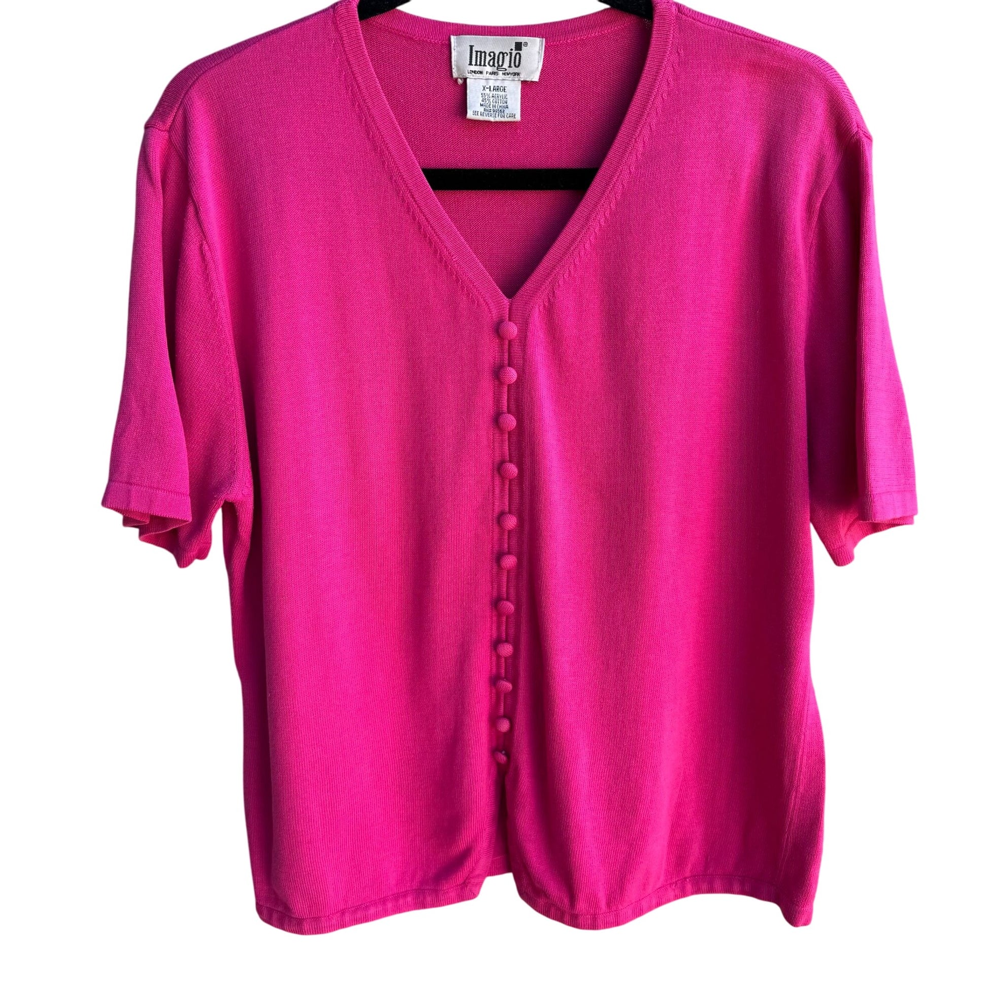 Imagio Vintage Womens Pink Button Tight Knit Short Sleeve Cardigan Sweater XL