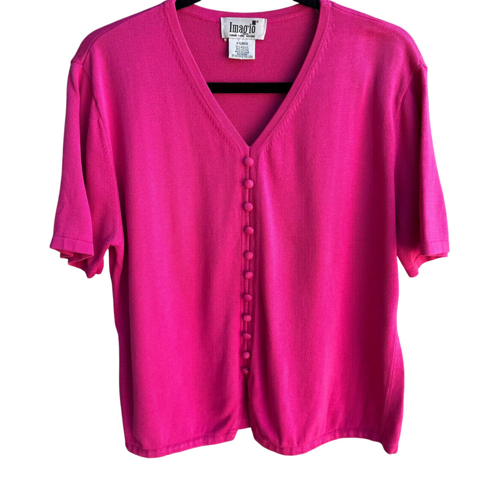 Imagio Vintage Womens Pink Button Tight Knit Short Sleeve Cardigan Sweater XL