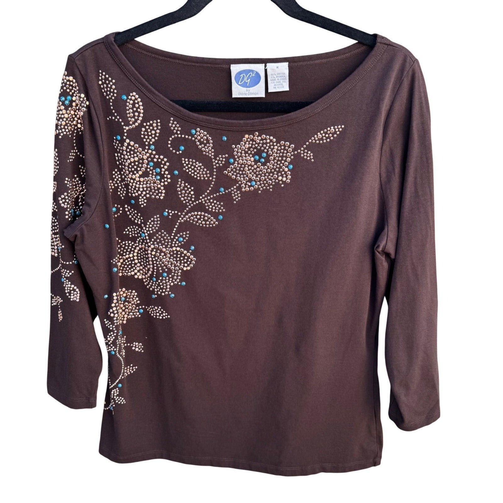 Diane Gilman DG2 Brown Studded Turquoise Boat Neck Floral 3/4 Sleeve Top Women M