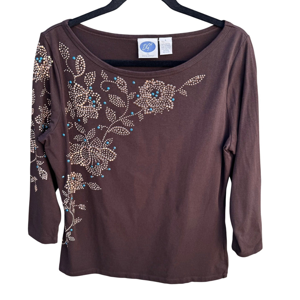 Diane Gilman DG2 Brown Studded Turquoise Boat Neck Floral 3/4 Sleeve Top Women M