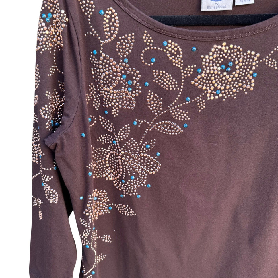 Diane Gilman DG2 Brown Studded Turquoise Boat Neck Floral 3/4 Sleeve Top Women M