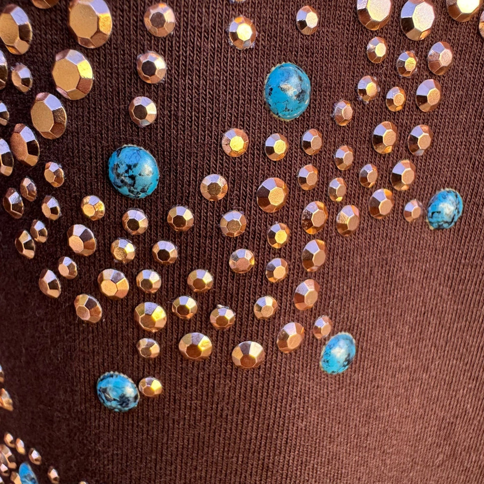 Diane Gilman DG2 Brown Studded Turquoise Boat Neck Floral 3/4 Sleeve Top Women M