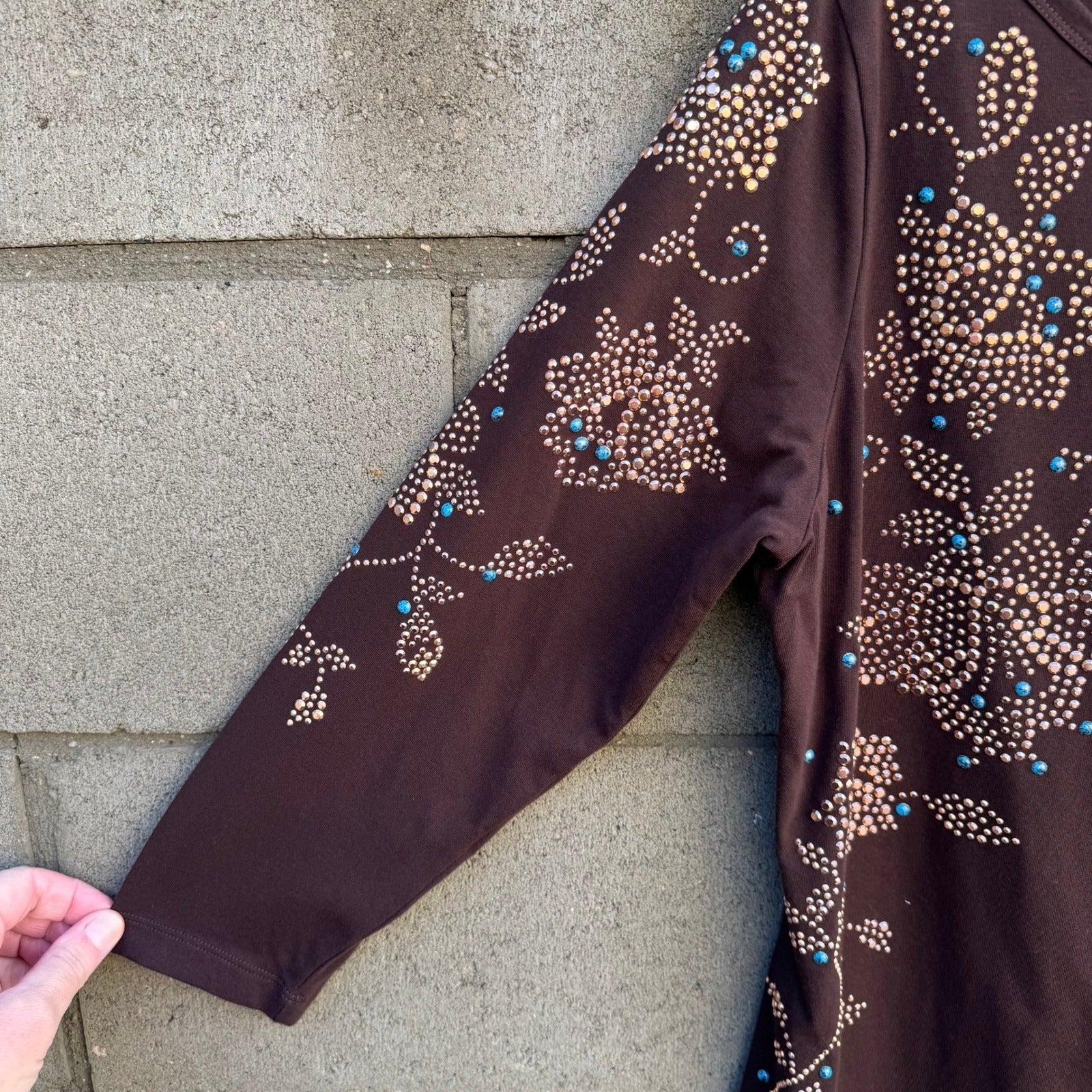 Diane Gilman DG2 Brown Studded Turquoise Boat Neck Floral 3/4 Sleeve Top Women M
