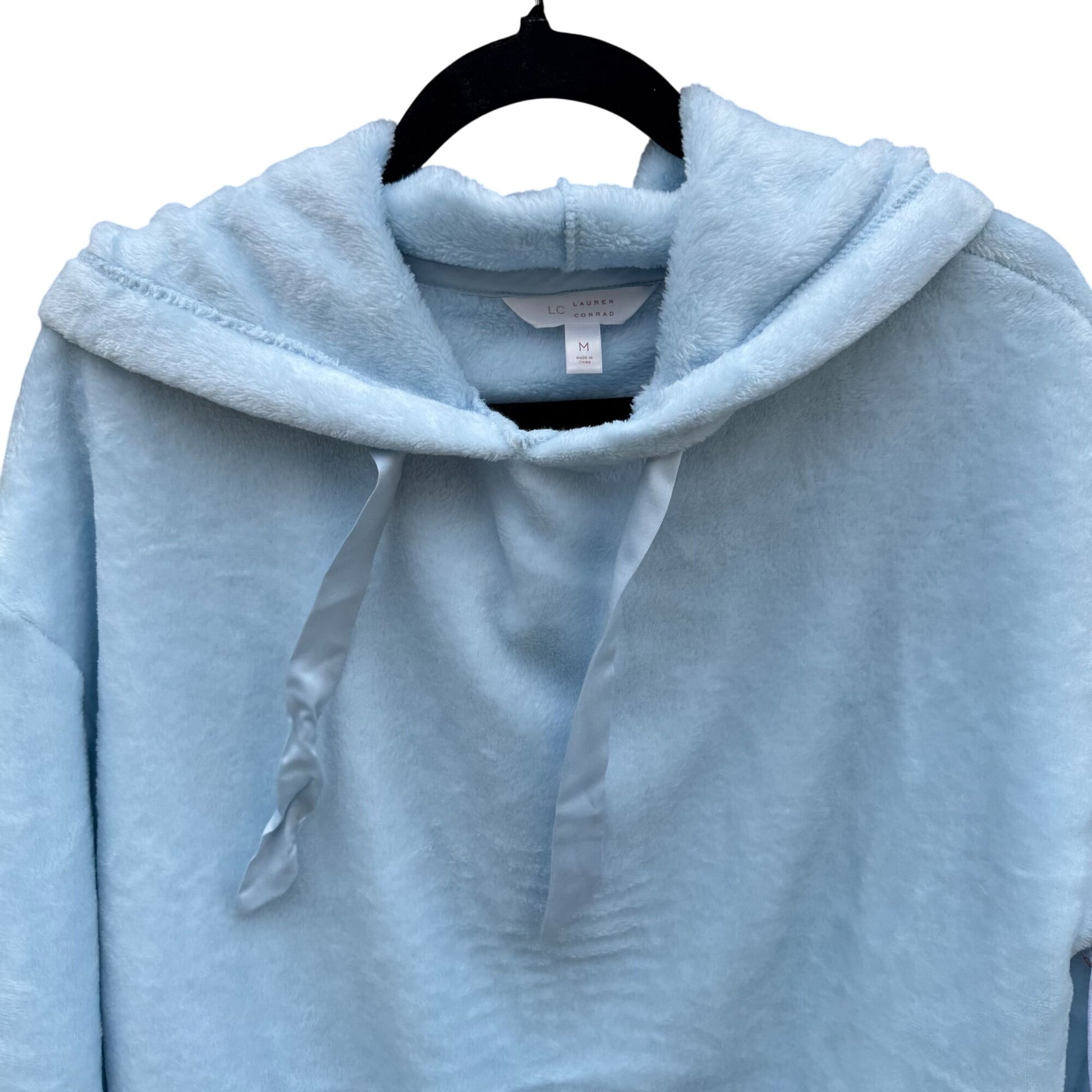 Lauren Conrad Blue Fuzzy Woobie Hoodie Sweatshirt Satin Drawstring Cozy Womens M