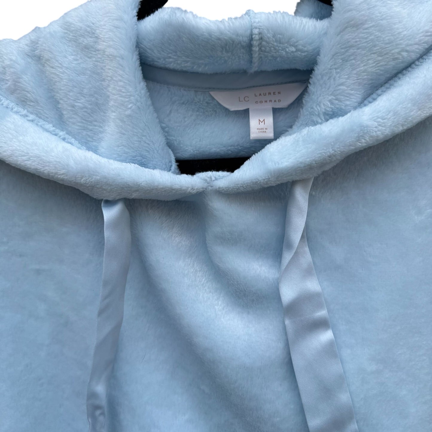 Lauren Conrad Blue Fuzzy Woobie Hoodie Sweatshirt Satin Drawstring Cozy Womens M