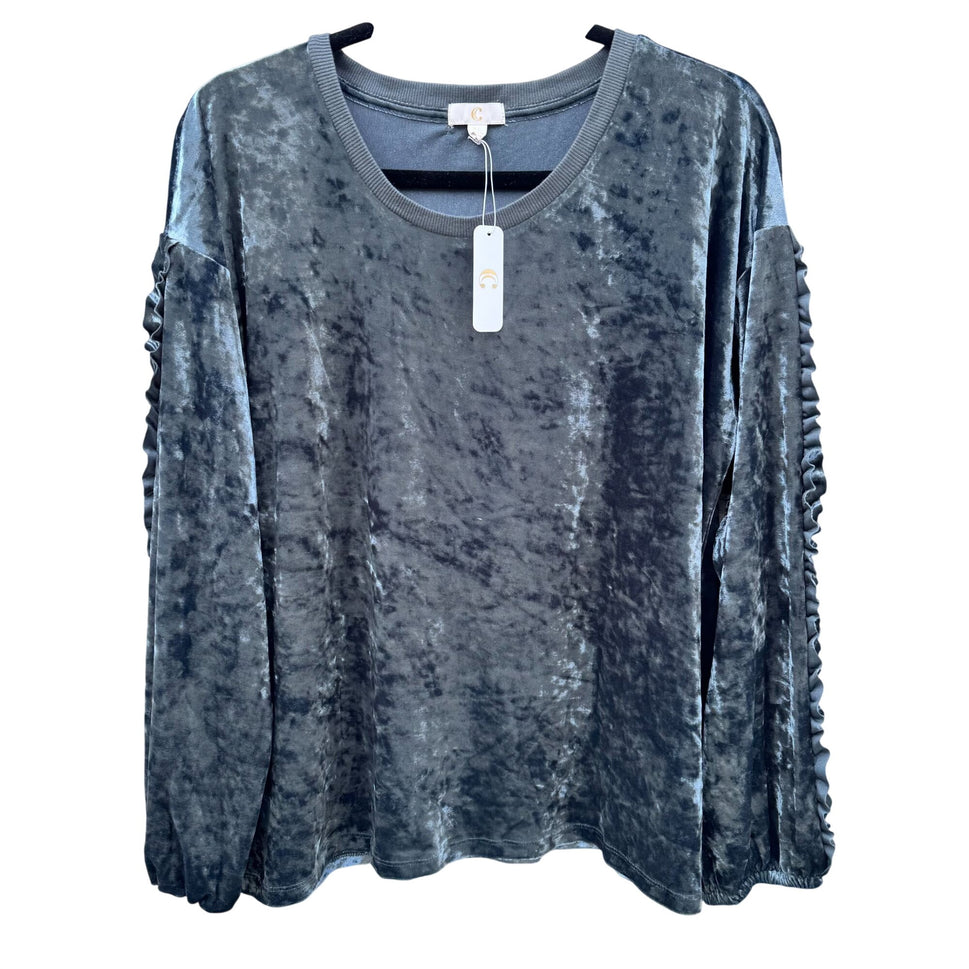 Charming Charlie Crushed Velvet Long Sleeve Top Ruffle Sleeve Fairytale Frost XL