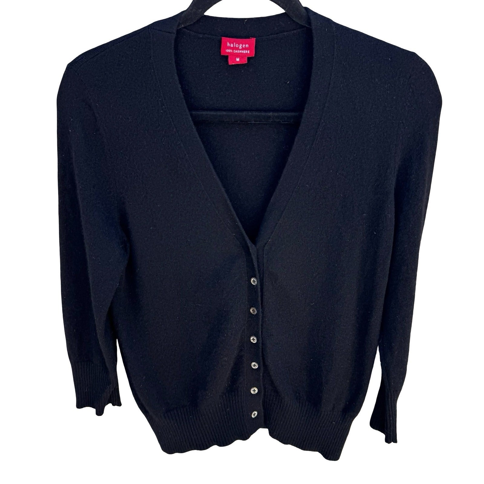 Halogen 100% Cashmere V-Neck Button Up Old Money Cardigan Sweater Womens M Black
