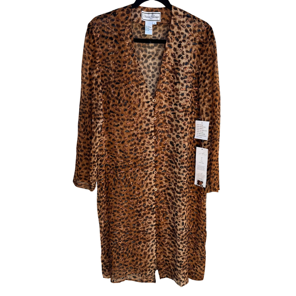 Diane Gilman Leopard Print Sequin Cardigan Duster Coat Silk Brown Black New S