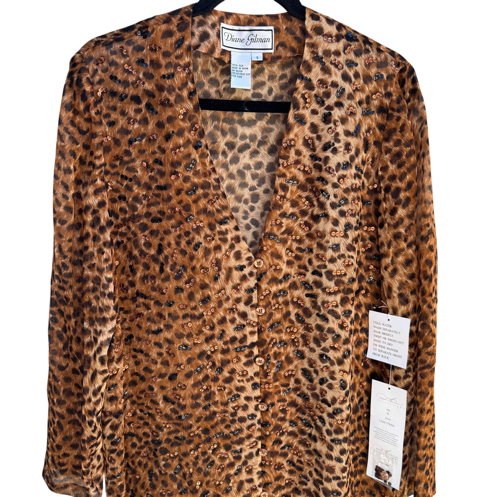 Diane Gilman Leopard Print Sequin Cardigan Duster Coat Silk Brown Black New S