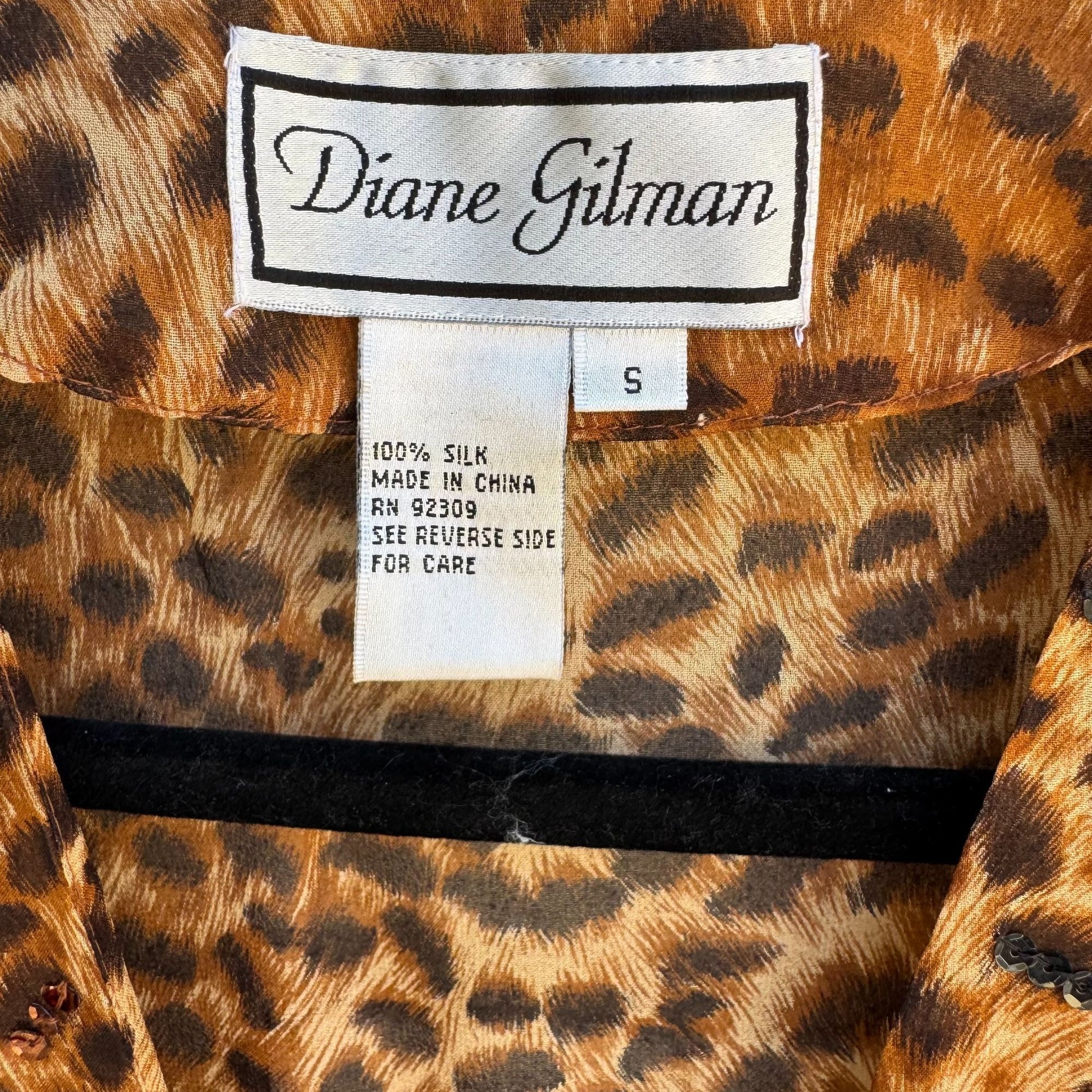 Diane Gilman Leopard Print Sequin Cardigan Duster Coat Silk Brown Black New S