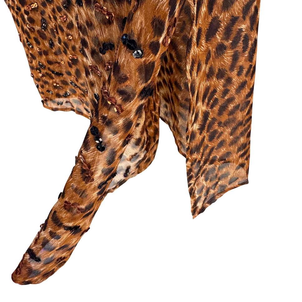 Diane Gilman Leopard Print Sequin Cardigan Duster Coat Silk Brown Black New S