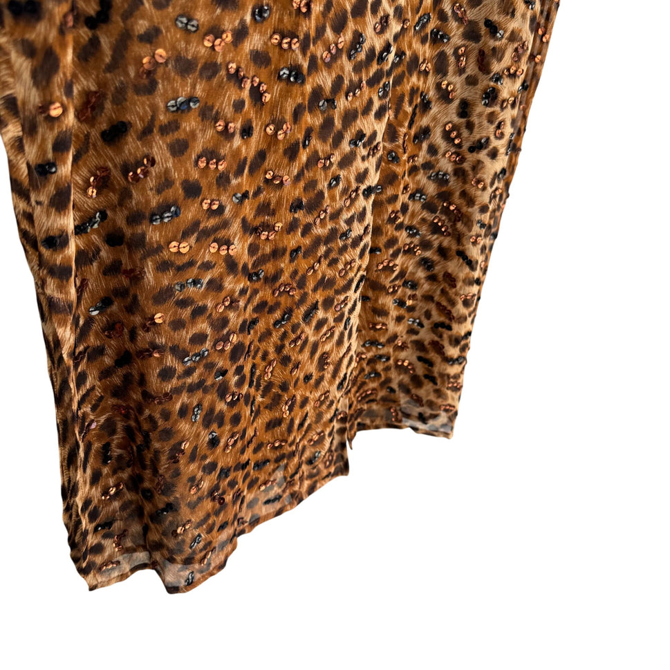 Diane Gilman Leopard Print Sequin Cardigan Duster Coat Silk Brown Black New S