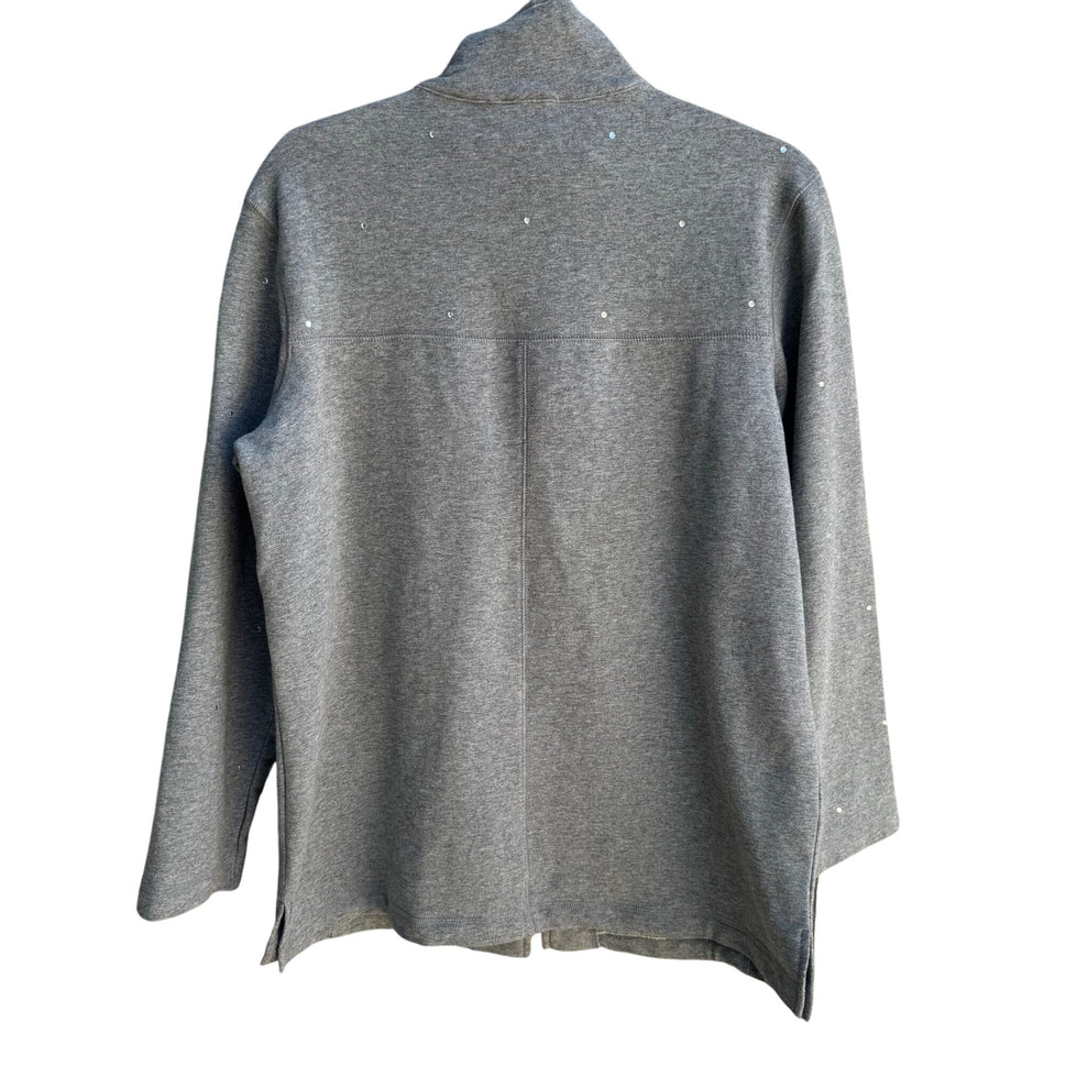 The Quacker Factory Womens Gray Rhinestone Embellished Pocket Zip Jacket New S