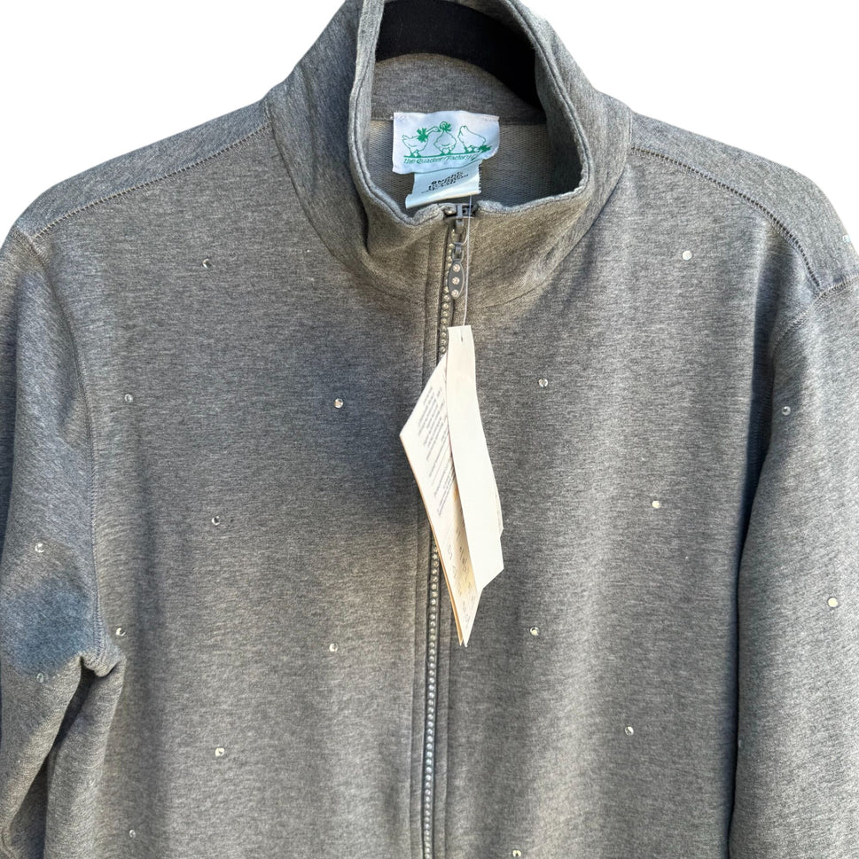 The Quacker Factory Womens Gray Rhinestone Embellished Pocket Zip Jacket New S