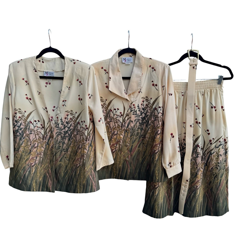 Maggie Sweet Cottagecore 90s Floral Windswept 3pc Skirt Blouse Cardigan Set S