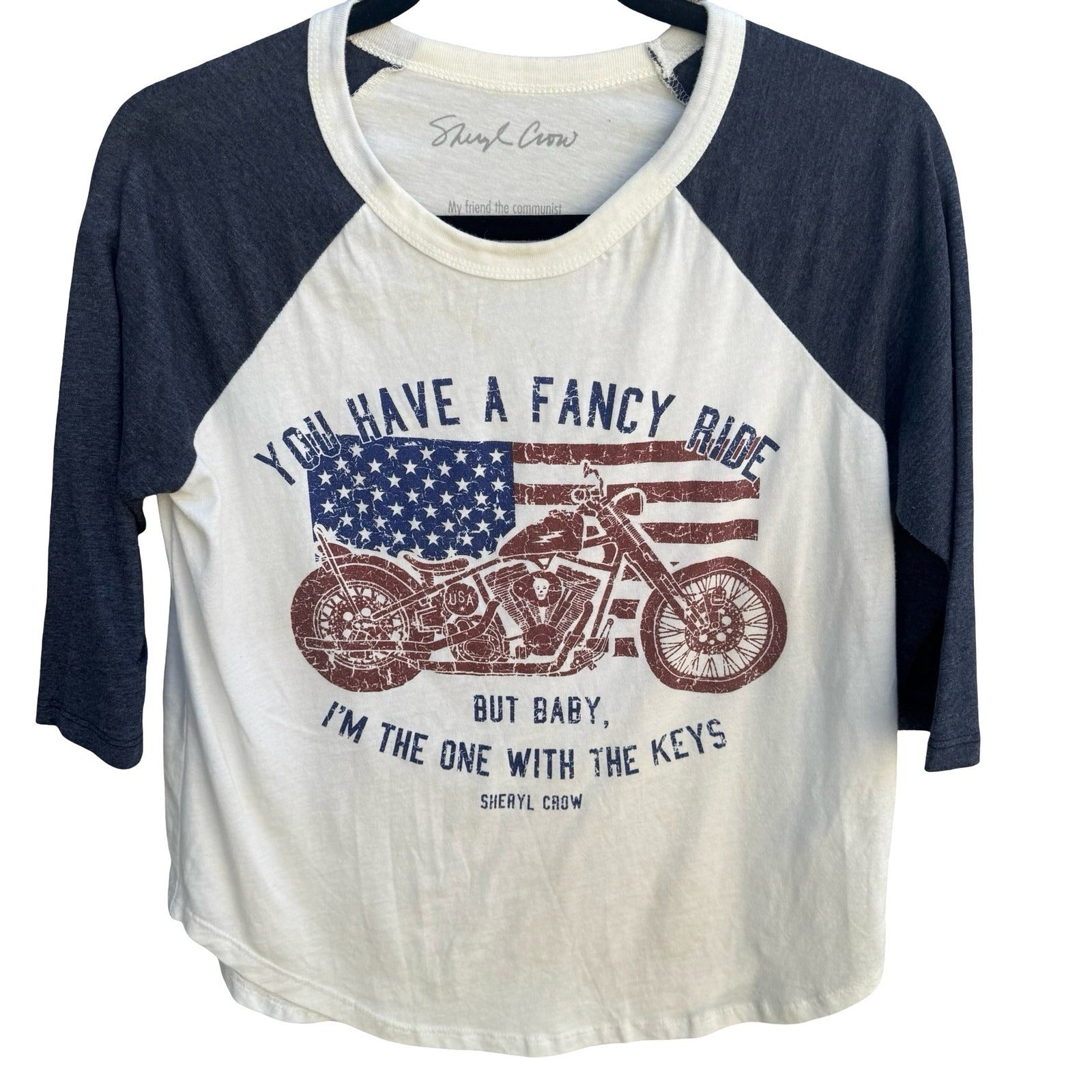 Sheryl Crow Graphic Baseball Tee White Fancy Ride Motorcycle Americana Medium