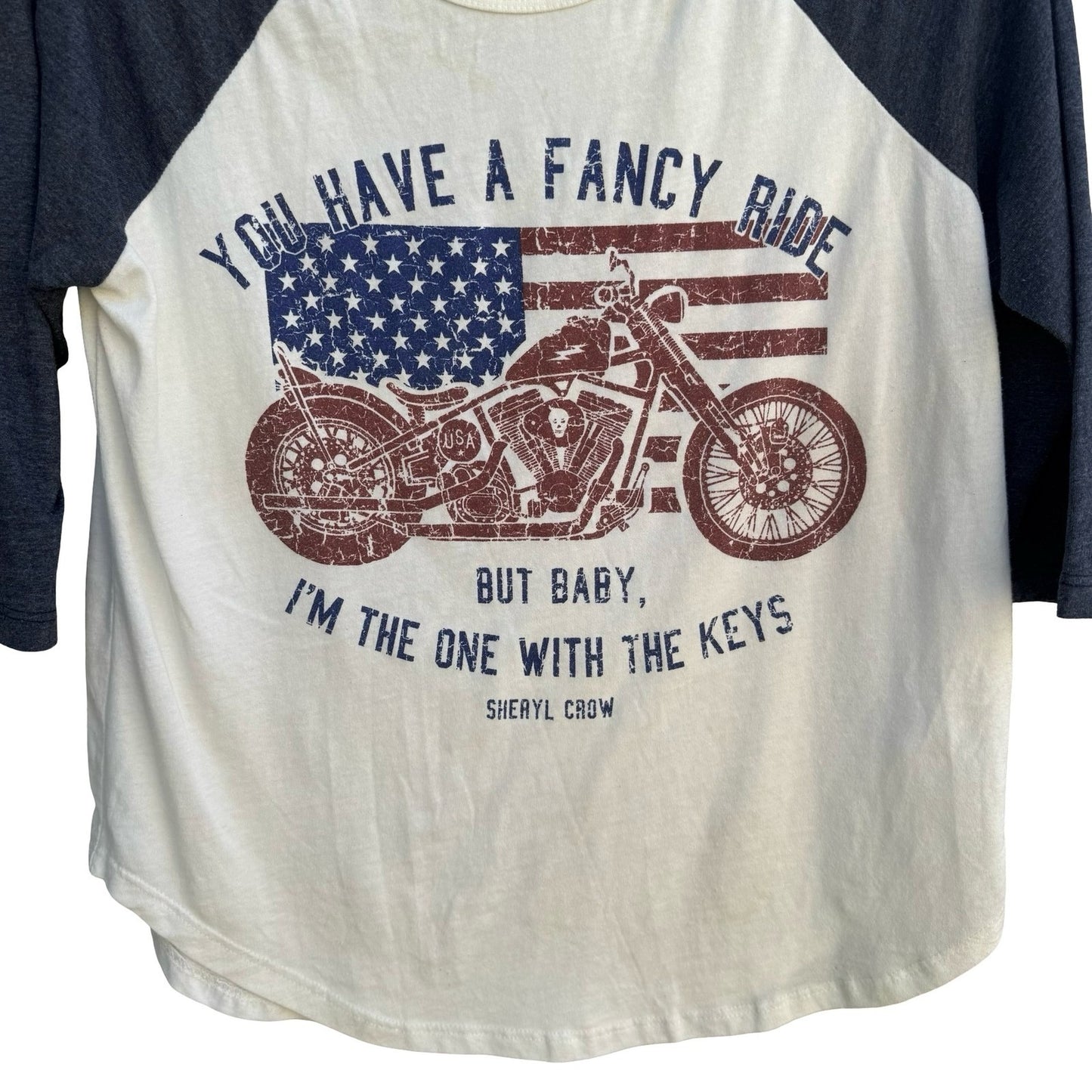 Sheryl Crow Graphic Baseball Tee White Fancy Ride Motorcycle Americana Medium