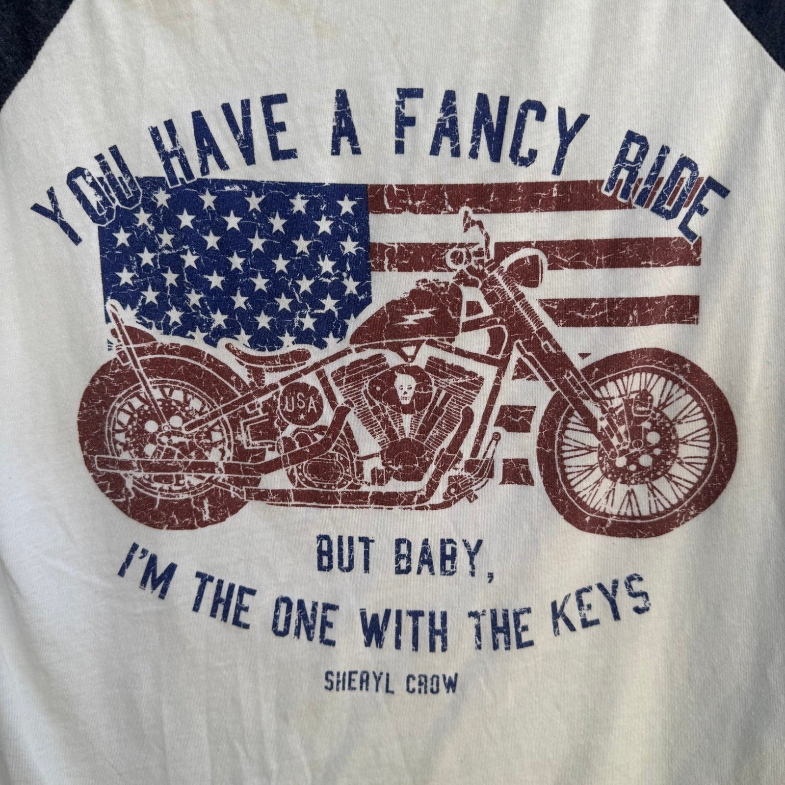 Sheryl Crow Graphic Baseball Tee White Fancy Ride Motorcycle Americana Medium