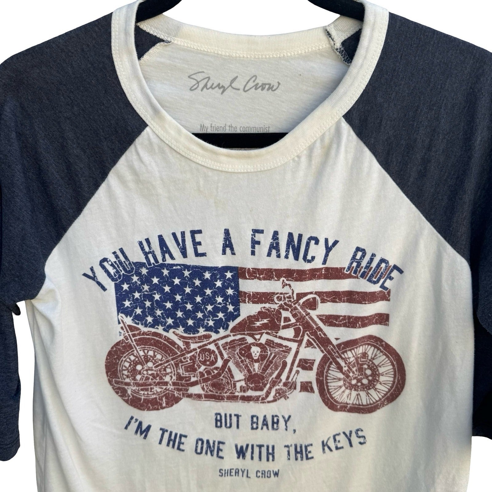 Sheryl Crow Graphic Baseball Tee White Fancy Ride Motorcycle Americana Medium