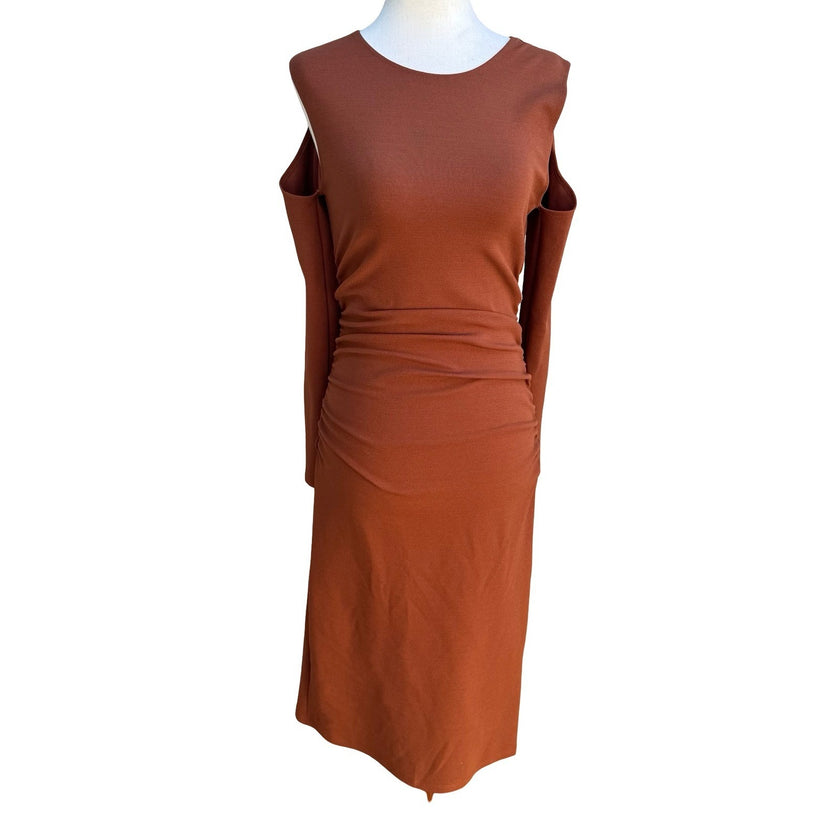 Zara Minimalist Earthy Cold Shoulder Ruched Draped Bodycon Midi Dress Brown S