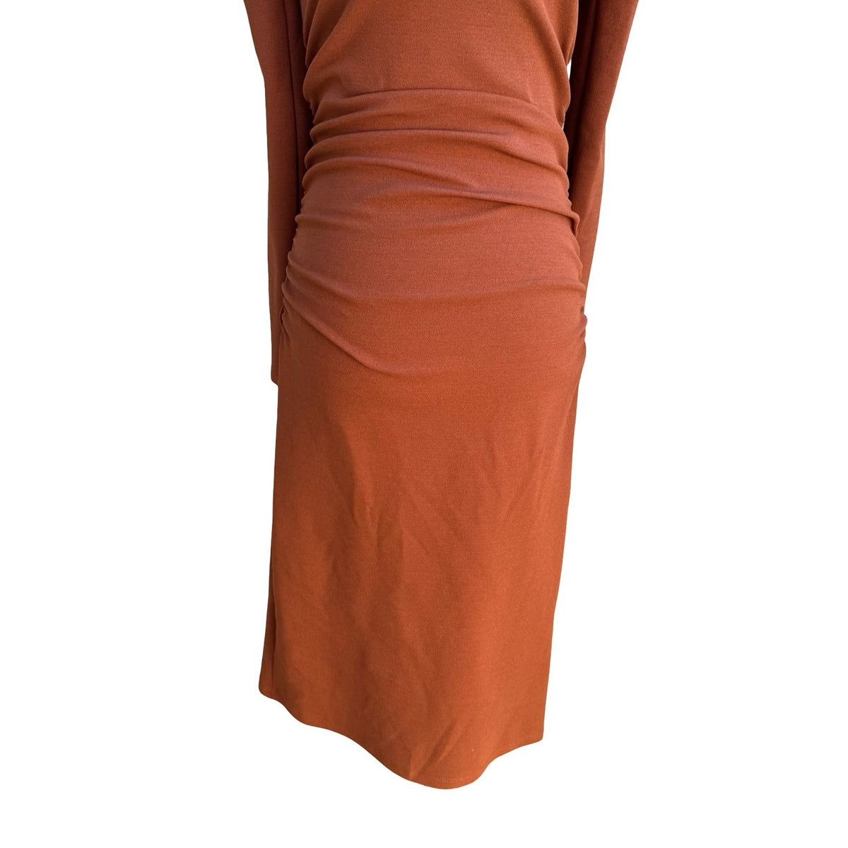 Zara Minimalist Earthy Cold Shoulder Ruched Draped Bodycon Midi Dress Brown S