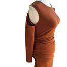 Switch Zara Minimalist Earthy Cold Shoulder Ruched Draped Bodycon Midi Dress Brown S 3 image