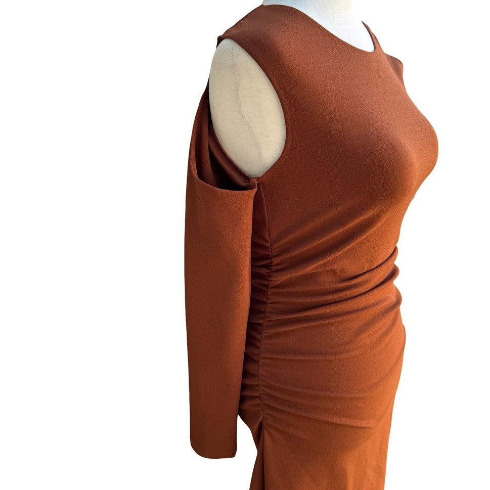 Zara Minimalist Earthy Cold Shoulder Ruched Draped Bodycon Midi Dress Brown S