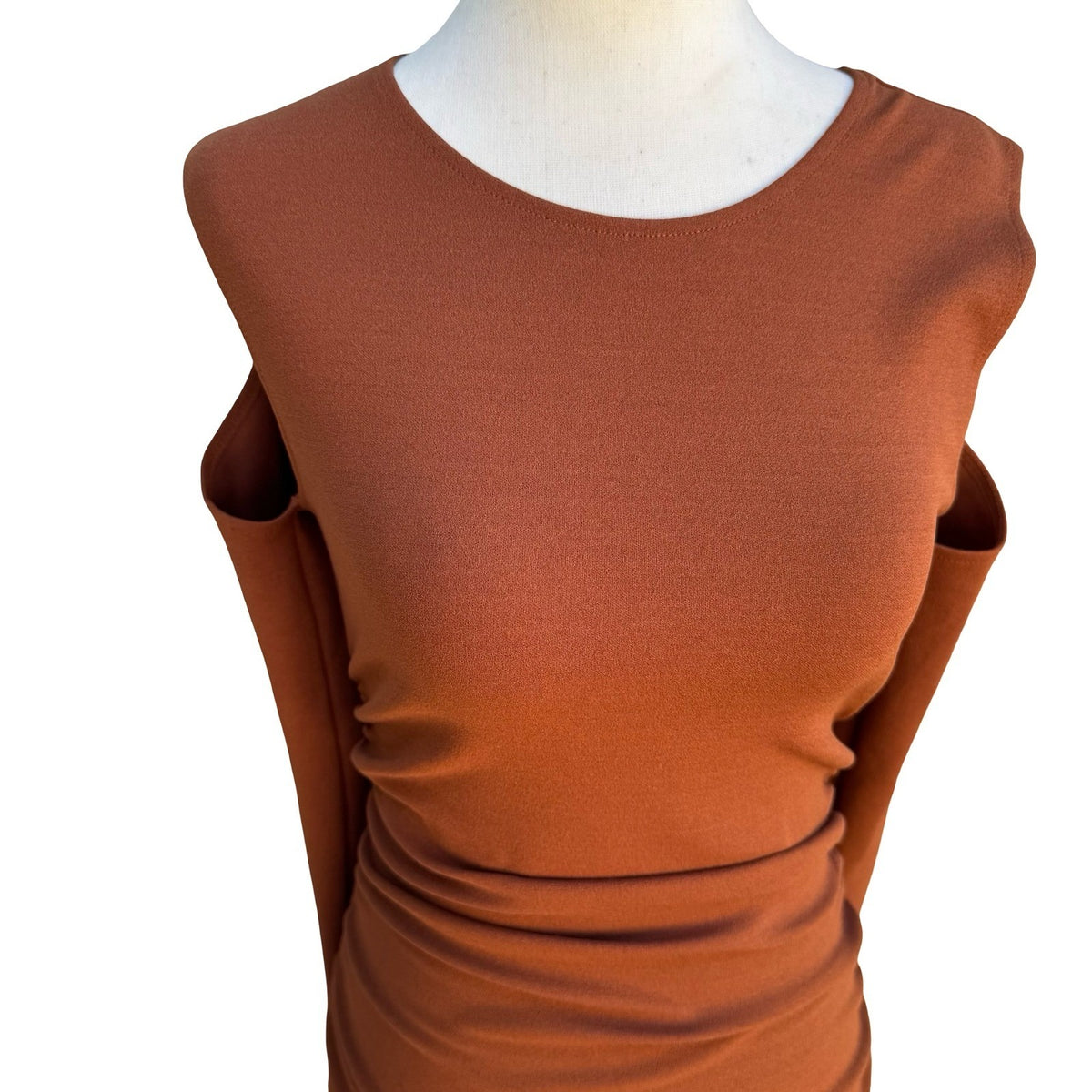 Zara Minimalist Earthy Cold Shoulder Ruched Draped Bodycon Midi Dress Brown S