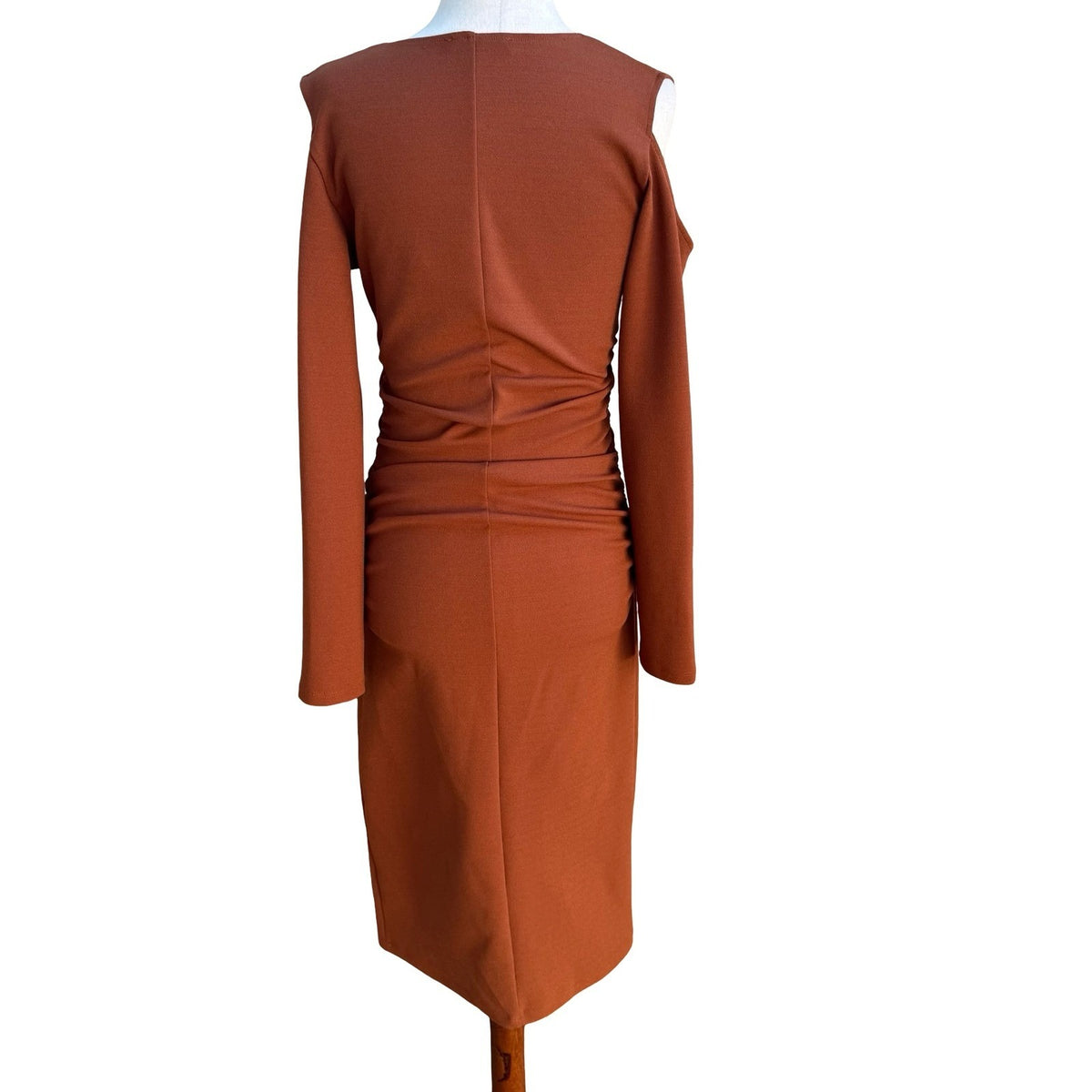 Zara Minimalist Earthy Cold Shoulder Ruched Draped Bodycon Midi Dress Brown S