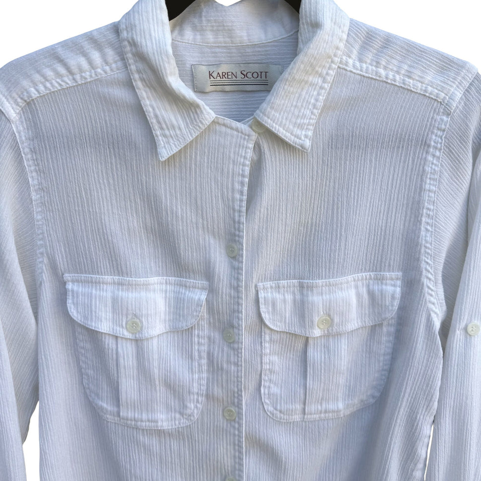 Karen Scott Vintage Womens Button-Up White Woven Long Roll Tab Sleeve Shirt S