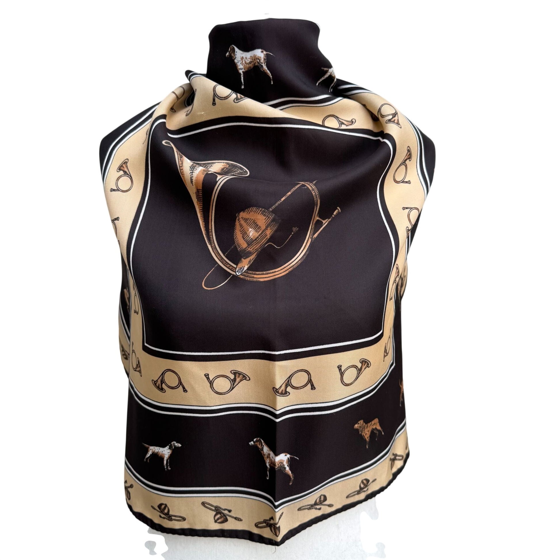 Vintage Equestrian Hand Sewn Square Scarf Horse Hunting Horns Dogs Old Money OS