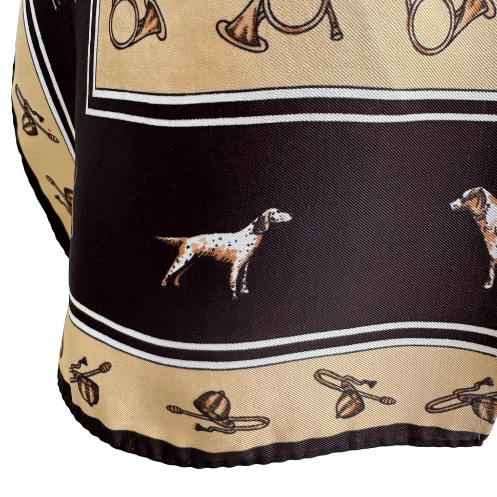Vintage Equestrian Hand Sewn Square Scarf Horse Hunting Horns Dogs Old Money OS