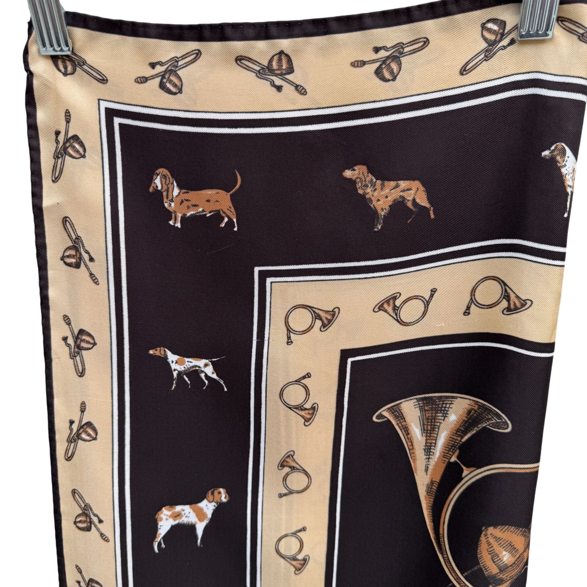 Vintage Equestrian Hand Sewn Square Scarf Horse Hunting Horns Dogs Old Money OS