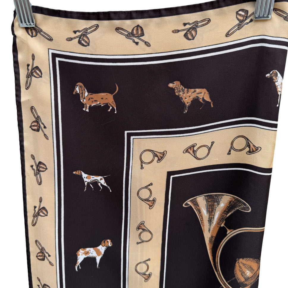 Vintage Equestrian Hand Sewn Square Scarf Horse Hunting Horns Dogs Old Money OS