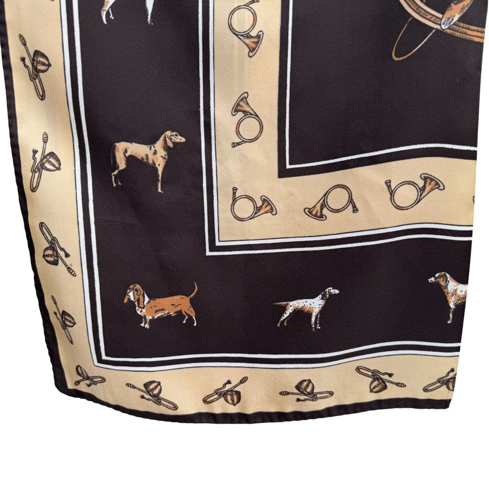 Vintage Equestrian Hand Sewn Square Scarf Horse Hunting Horns Dogs Old Money OS
