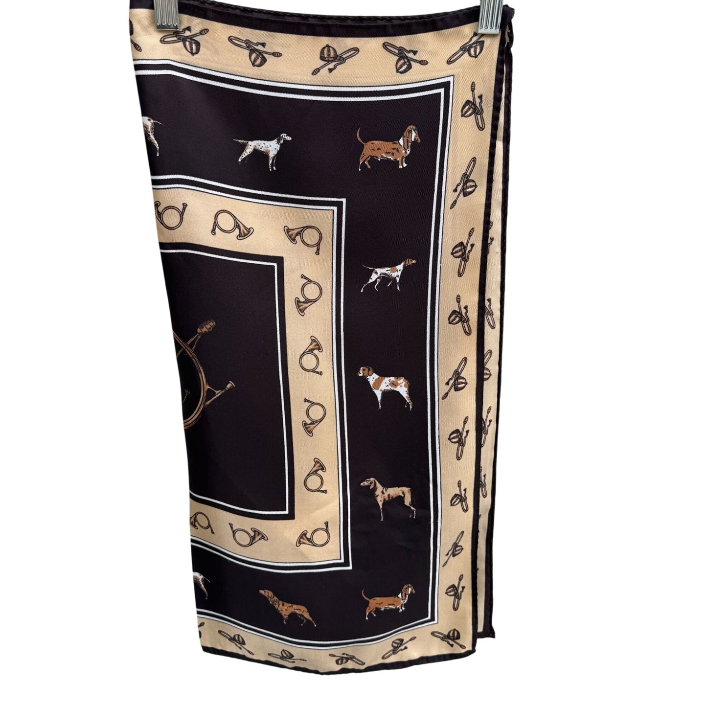 Vintage Equestrian Hand Sewn Square Scarf Horse Hunting Horns Dogs Old Money OS