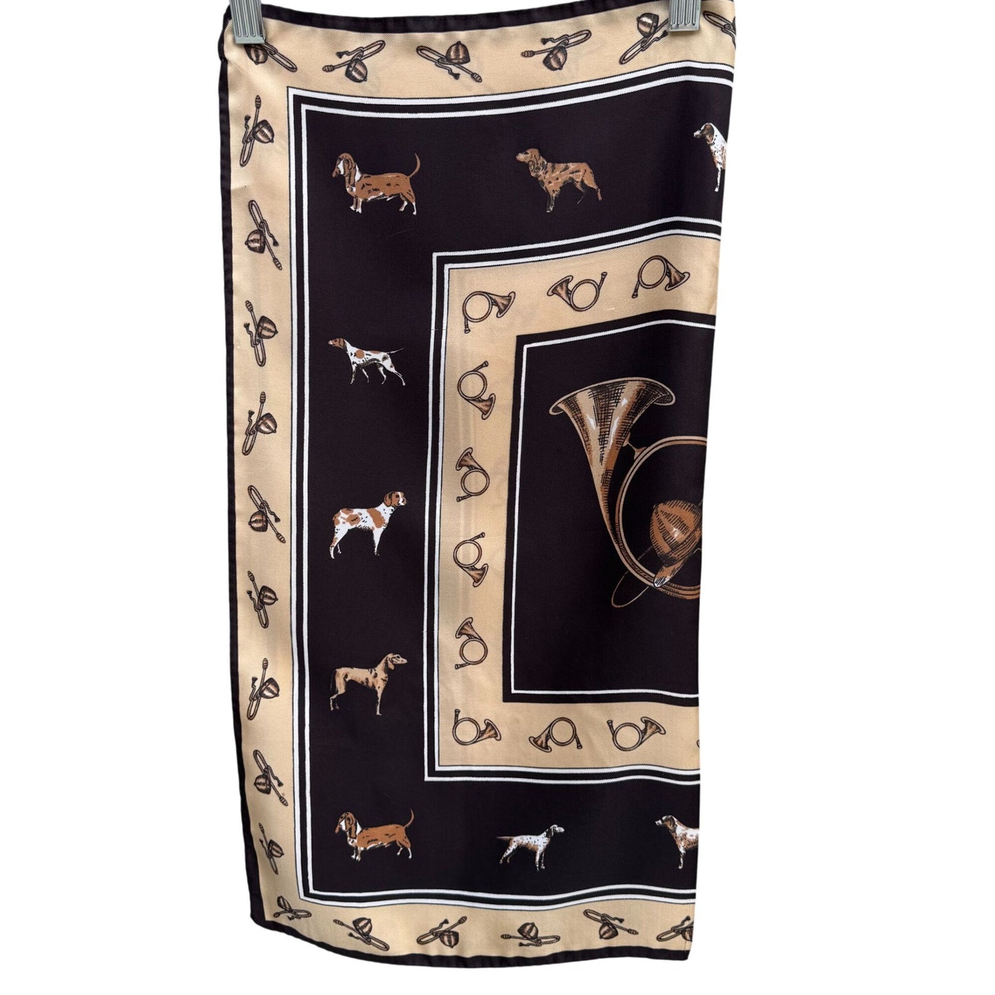 Vintage Equestrian Hand Sewn Square Scarf Horse Hunting Horns Dogs Old Money OS