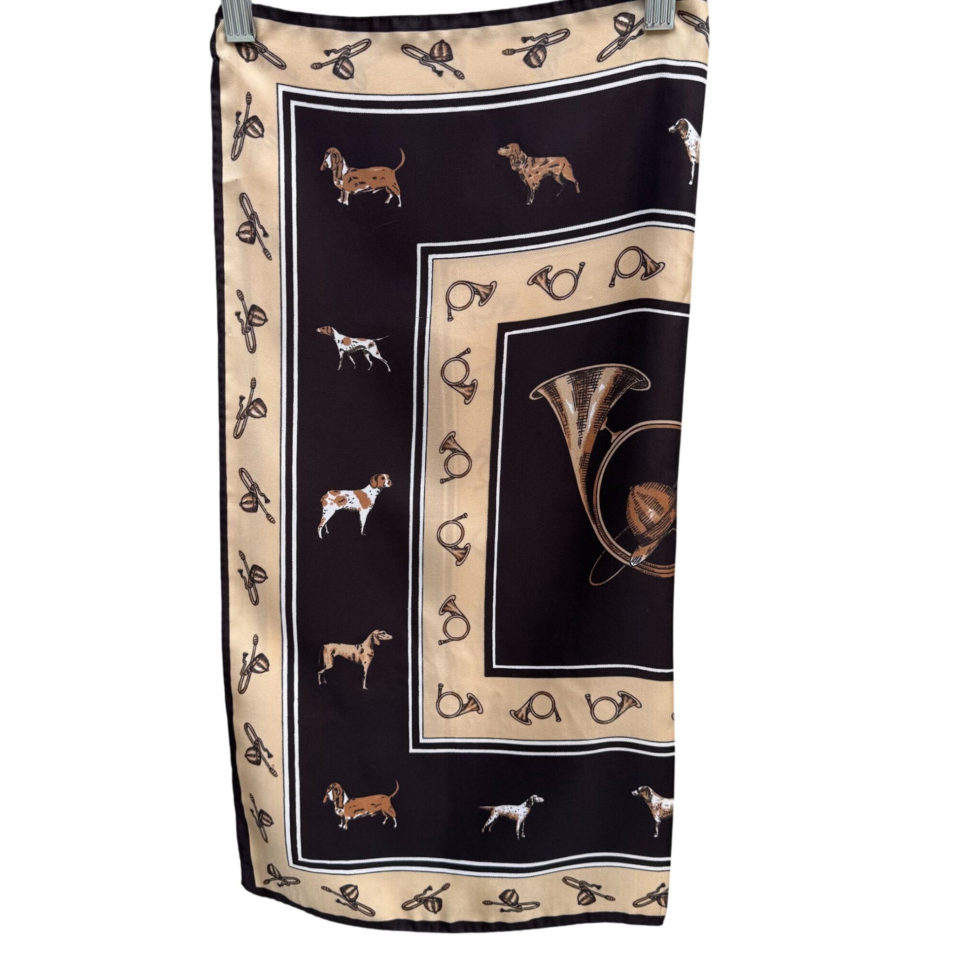 Vintage Equestrian Hand Sewn Square Scarf Horse Hunting Horns Dogs Old Money OS