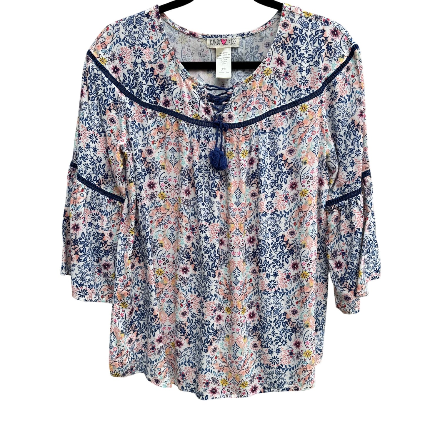 Kandy Kiss Womens Blue Pink Floral Boho 3/4 Bell Sleeve Tassel Detail Blouse XL