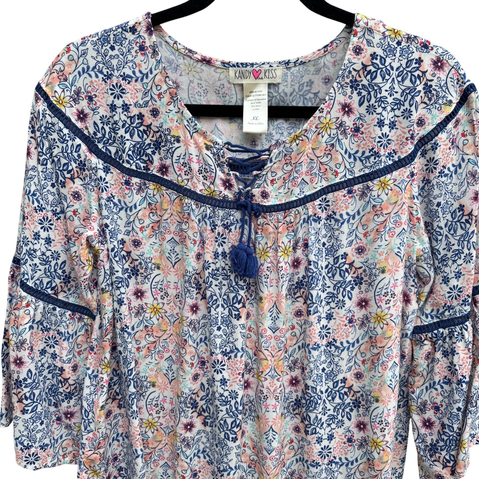Kandy Kiss Womens Blue Pink Floral Boho 3/4 Bell Sleeve Tassel Detail Blouse XL