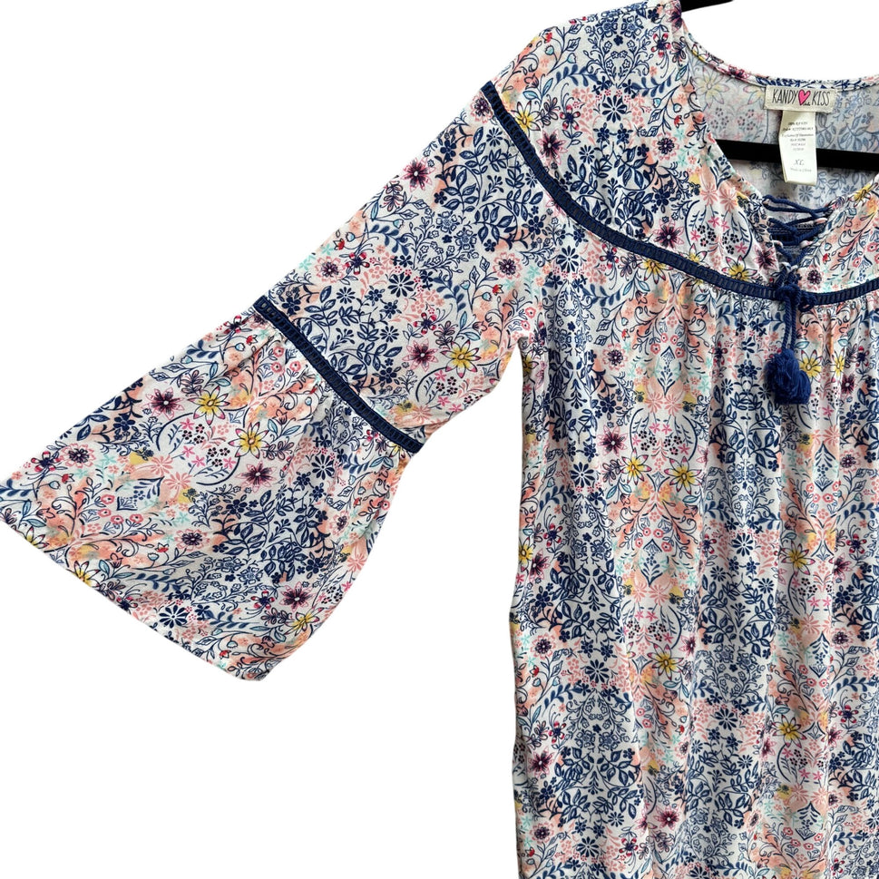 Kandy Kiss Womens Blue Pink Floral Boho 3/4 Bell Sleeve Tassel Detail Blouse XL