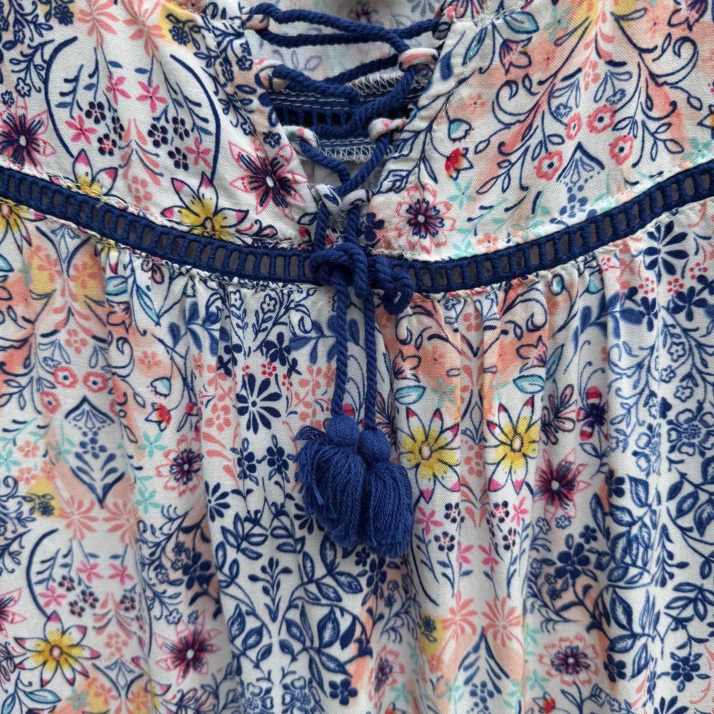 Kandy Kiss Womens Blue Pink Floral Boho 3/4 Bell Sleeve Tassel Detail Blouse XL