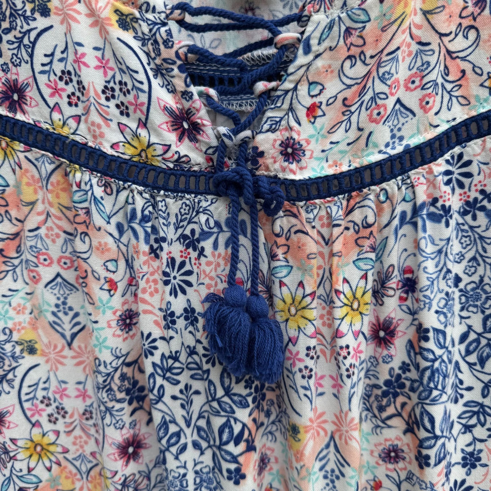 Kandy Kiss Womens Blue Pink Floral Boho 3/4 Bell Sleeve Tassel Detail Blouse XL