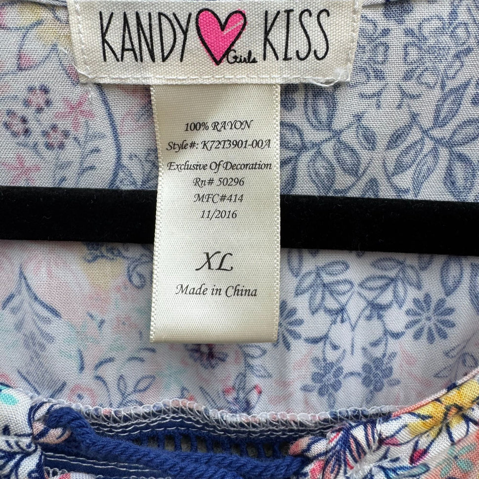 Kandy Kiss Womens Blue Pink Floral Boho 3/4 Bell Sleeve Tassel Detail Blouse XL